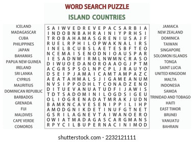 Word search puzzle vector (Word find game) illustration. Island Countries.