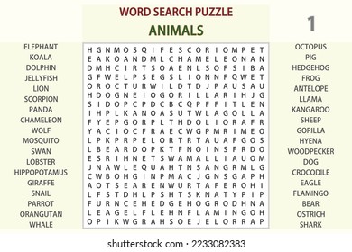 Word search puzzle vector (Word find game) illustration. Animals - 01