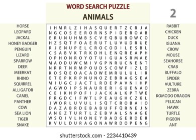 Word search puzzle vector (Word find game) illustration. Animals - 02