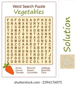 Word search puzzle vector (Word find game) illustration. Vegetables. English words. 