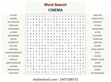 Word search puzzle vector (Word find game) illustration. Cinema. 