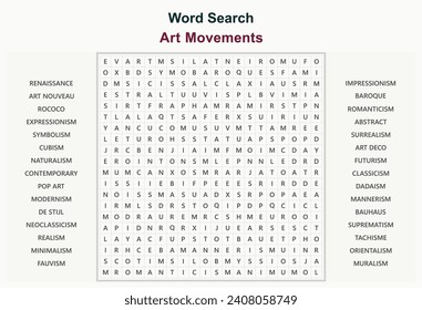 Word search puzzle vector (Word find game) illustration. Art Movements