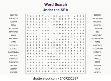 Word search puzzle vector (Word find game) illustration. Under the Sea