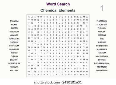 Word search puzzle vector (Word find game) illustration. Chemical elements 1