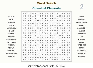 Word search puzzle vector (Word find game) illustration. Chemical elements 2