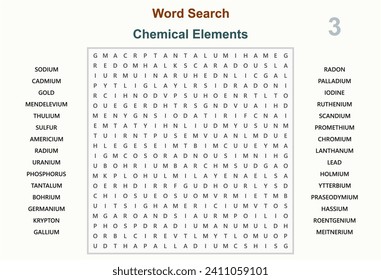 Word search puzzle vector (Word find game) illustration. Chemical elements 3