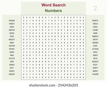 Word busca puzzle vetor (Word encontrar jogo) ilustração. Números
