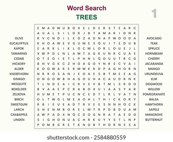 Word search puzzle vector (Word find game) illustration. Trees 