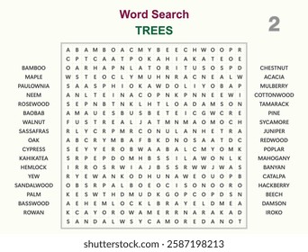 Word search puzzle vector (Word find game) illustration. Trees 