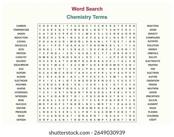 Word search puzzle vector (Word find game) illustration. Chemistry Terms