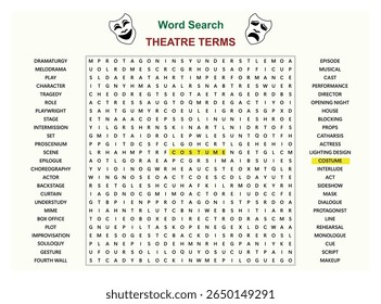 Wortsuche Puzzle Vektor (Wort finden Spiel) Illustration. Theaterbedingungen
