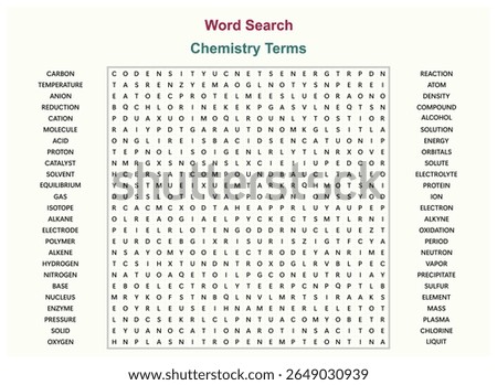Word search puzzle vector (Word find game) illustration. Chemistry Terms