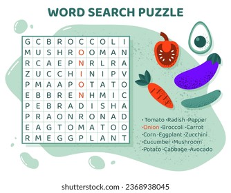 Word search puzzle with vegetables. Education task