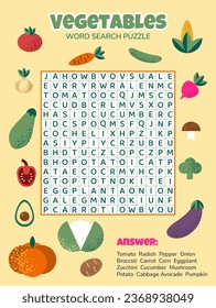 Word search puzzle with vegetables. Education task