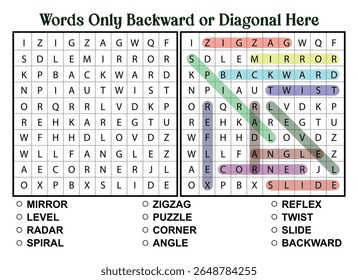 Word search puzzle where the words are only backward or diagonal, with some words highlighted in color.