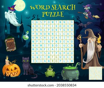 Hoja de trabajo del rompecabezas de búsqueda de palabras con caracteres de Halloween, juego de preguntas de palabras vectoriales. Juego de acertijo para niños para encontrar palabras con linterna de calabaza de Halloween, fantasma con sombrero de bruja y hechicero con caldero mágico de poción