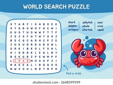 Word search puzzle. Worksheet for kids with cute crab and words related to sea creatures. Education game for children. Colorful crossword for Learning English language. Flat vector illustration