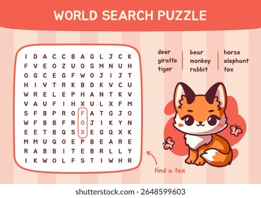 Word search puzzle. Worksheet for kids with cute fox and words related to wild forest animals. Education game for children. Colorful crossword for Learning English language. Flat vector illustration