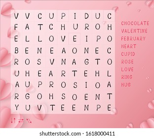 Word search puzzles. Education game for children. Vector worksheet for learning english about Valentine's day.