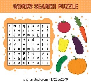 Word Search Puzzle.Vegetables: Cucumber, Eggplant, Tomato, Pepper, Pumpkin, Carrot. Vector Education Game For Children. 