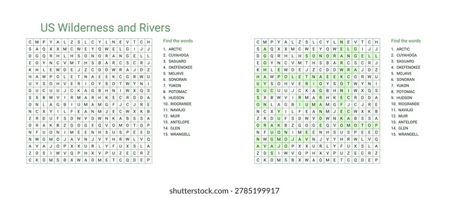 Word seek puzzle sheet education for US wilderness and rivers  