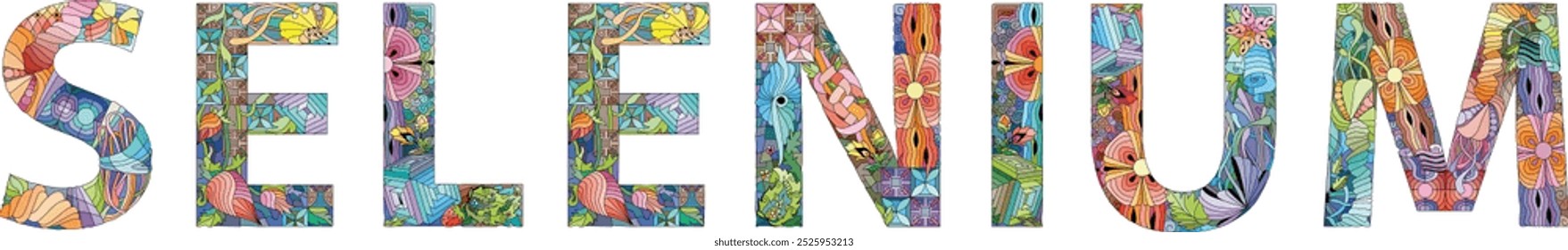 Palavra SELENIUM. O selênio é um elemento químico. Objeto zentangle decorativo vetorial para qualquer finalidade