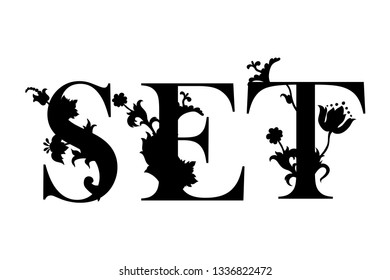 Word Set with flourish pattern. Floral decor.  Template for cutting and wood carving. Laser cut. Paper cut. Vector illustration