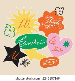 Word set thank you hand drawn doodle style calligraphy sticker simple shape 