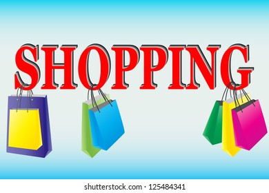 Word SHOPPING and multicolored shopping bags on blue background