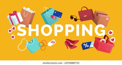 Word shopping surrounded by products, credit card and coupons, online shopping and e-commerce concept
