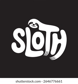 Logotipo de silhueta de palavra "preguiça" - texto inteligente em forma de uma preguiça em branco sobre preto. Ilustração digital criativa da palavra "Preguiça" transformada na silhueta de uma preguiça.