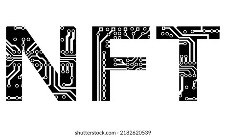 Word silhouette NFT non fungible tokens perforated with PCB circuit board tracks isolated on white background. Modern digital style. Pay for unique collectibles in games or art. Vector design element.