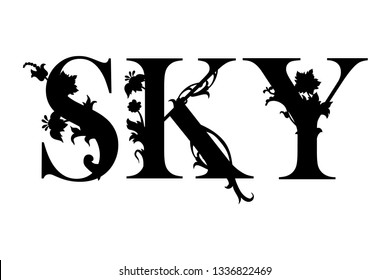 Word Sky with flourish pattern. Floral decor.  Template for cutting and wood carving. Laser cut. Paper cut. Vector illustration