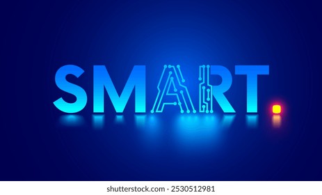 Word Inteligente com letras AI em estilo pcb eletrônico. Texto SMART em azul. Abreviação de inteligência artificial na palavra vetorial SMART.