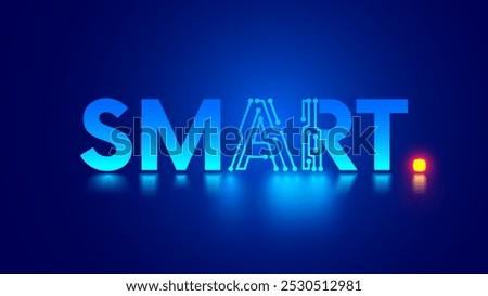 Word Smart with letters AI in pcb electronic style. Text SMART on blue. Artificial intelligence abbreviation in vector word SMART.