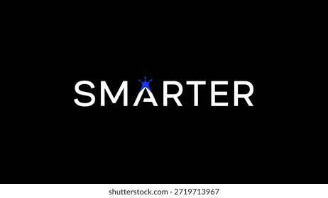 The word 'SMARTER' displayed in bold white lettering against a stark black background. A small, stylized blue graphic element replaces the dot on