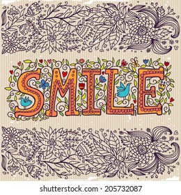 Word smile on a beige background with flowers.