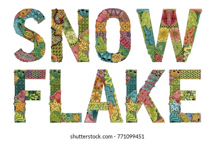 Word snowflake with falling leaves. Vector decorative zentangle object