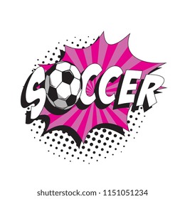 word soccer and ball in pop art style on white background