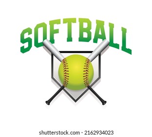 La palabra SOFTBALL con una bola, murciélagos e ilustración del emblema base. EPS vectorial 10 disponible.