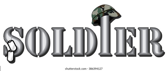 word soldier. abstract vector image of word with combat helmet and soldier medallions