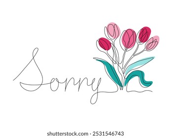 A palavra é desculpar-se, ser culpado e pedir perdão, desculpas. E tulipa de flor. contínua uma linha arte desenho à mão esboço, logotipo