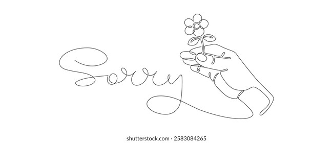 Word is sorry and hand with flower, drawn with continuous line in minimalism, abstract, being guilty, asking for forgiveness, apologizing, hand lettering, apology, one line, editable vector contour