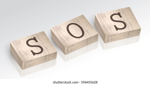 Word SOS composed from alphabet blocks, vector illustration