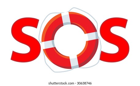 	 The word "sos" red lifebuoy with a rescue instead of the letter "O".