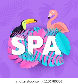 Word SPA composition with creative pink and blue jungle leaves toucan flamingo in trendy paper cut style. Tropical craft design for your poster, banner, flyer. Vector card illustration