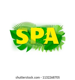Word SPA composition with green jungle leaves on white background in paper cut style. Tropical craft leaf and yellow letters for design poster, banner, flyer T-shirt printing Vector card illustration