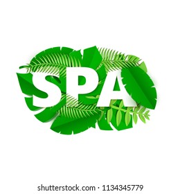 Word SPA composition with green jungle leaves on white background in paper cut style. Tropical craft leaf white letters for design poster, banner, flyer T-shirt printing. Vector card illustration.