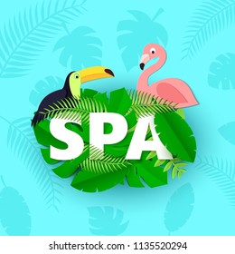 Word SPA composition with green jungle leaves toucan flamingo in trandy paper cut style. Tropical craft leaf and white letters for design poster, banner, flyer T-shirt printing. Vector illustration.