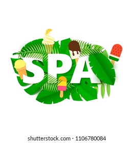 Word SPA composition with jungle leaves and ice cream on white background in paper cut style. Tropical craft leaf white letters for design poster, banner, flyer T-shirt printing. Vector illustration.